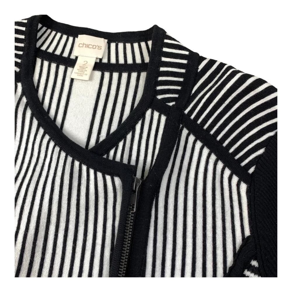 Chico's Natania Black/White Stripe asymmetrical Zip Up Cardigan Sweater size 12 - Picture 3 of 15